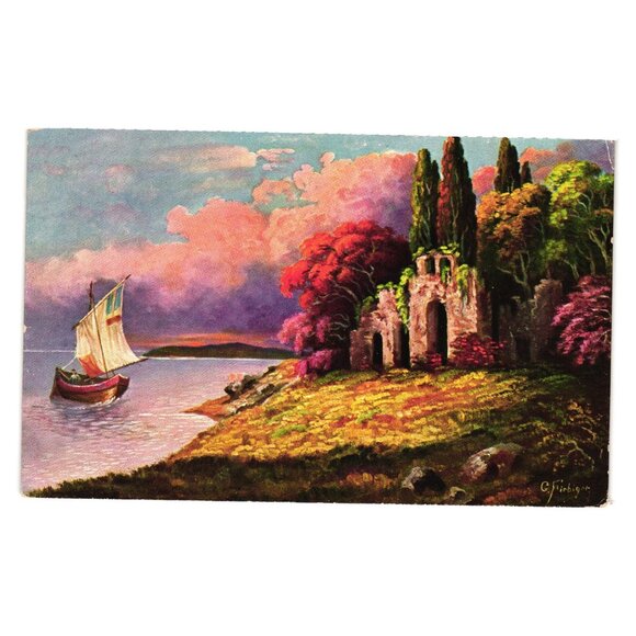 Landscape Ruins Scenic Art Postcard Vintage Collectible Firbinger Signed Design - Picture 1 of 2